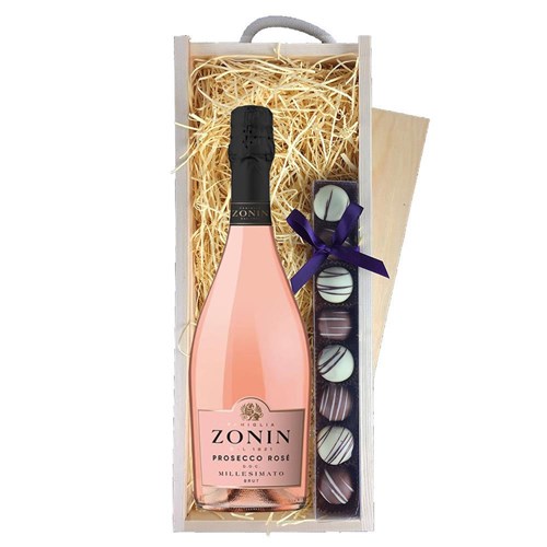 Zonin Prosecco Rose Doc Millesimato 75cl & Truffles, Wooden Box